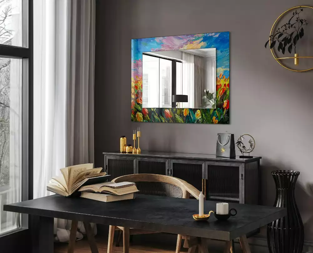 Miroir rectangulaire avec cadre imprimé champ de tulipes