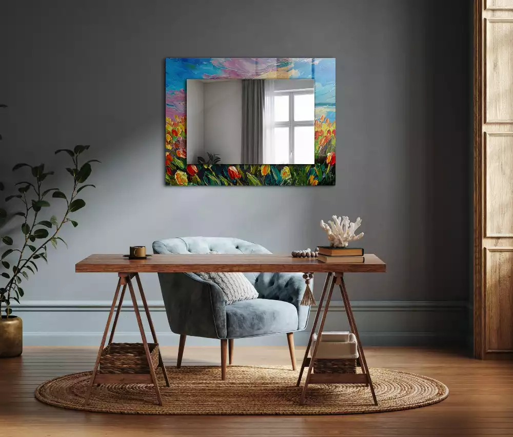 Miroir rectangulaire avec cadre imprimé champ de tulipes