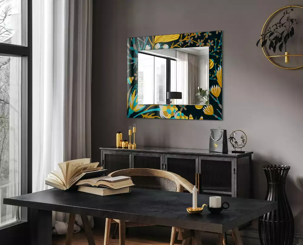 Miroir rectangulaire à cadre imprimé motifs fleurs et feuilles