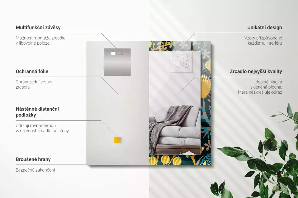 Miroir rectangulaire à cadre imprimé motifs fleurs et feuilles