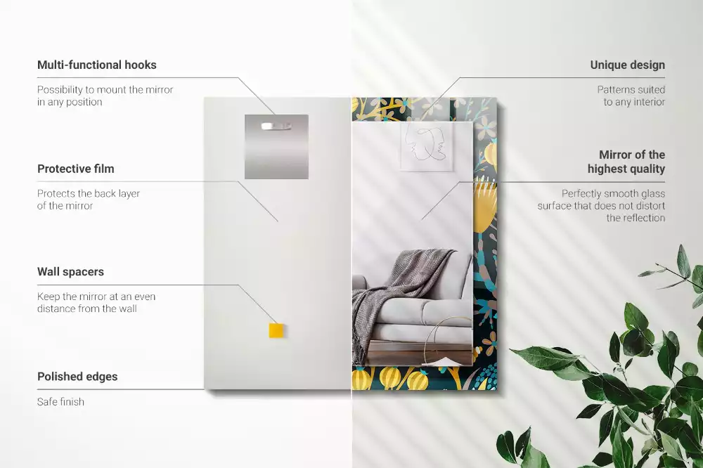 Miroir rectangulaire à cadre imprimé motifs fleurs et feuilles