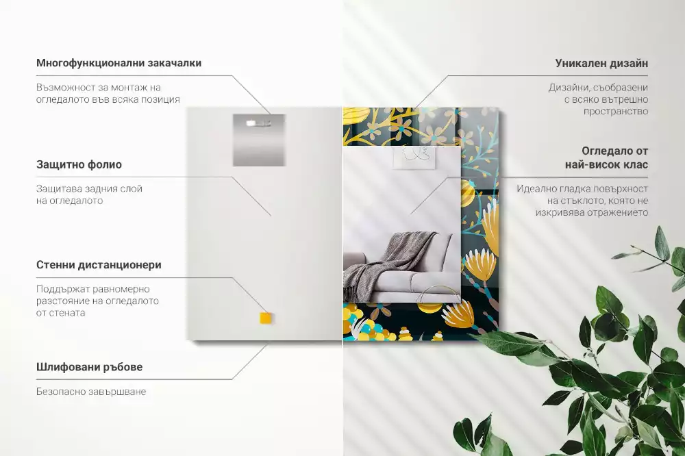 Miroir rectangulaire à cadre imprimé motifs fleurs et feuilles