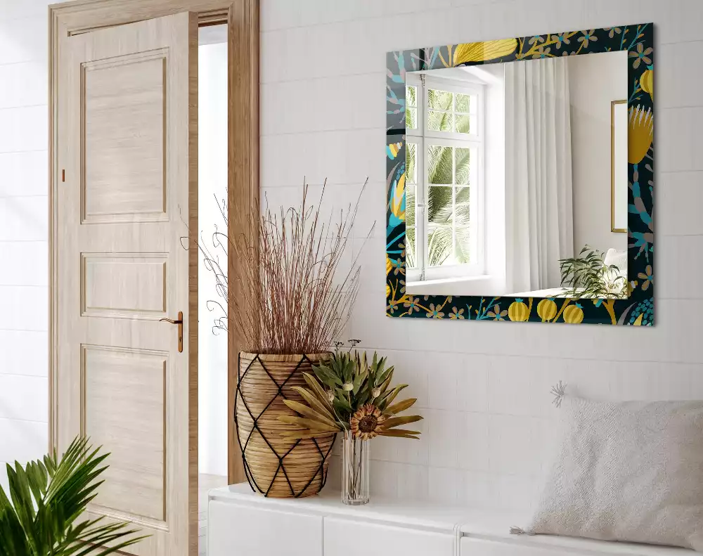Miroir rectangulaire à cadre imprimé motifs fleurs et feuilles