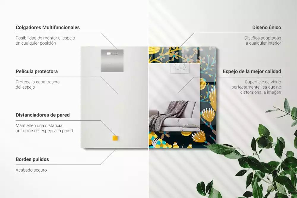 Miroir rectangulaire à cadre imprimé motifs fleurs et feuilles