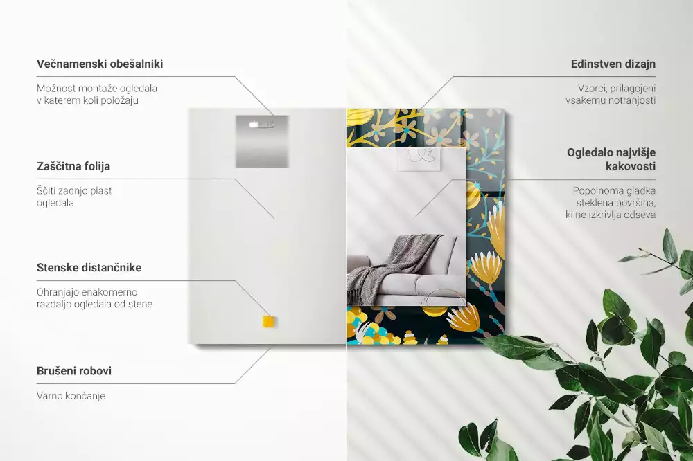 Miroir rectangulaire à cadre imprimé motifs fleurs et feuilles