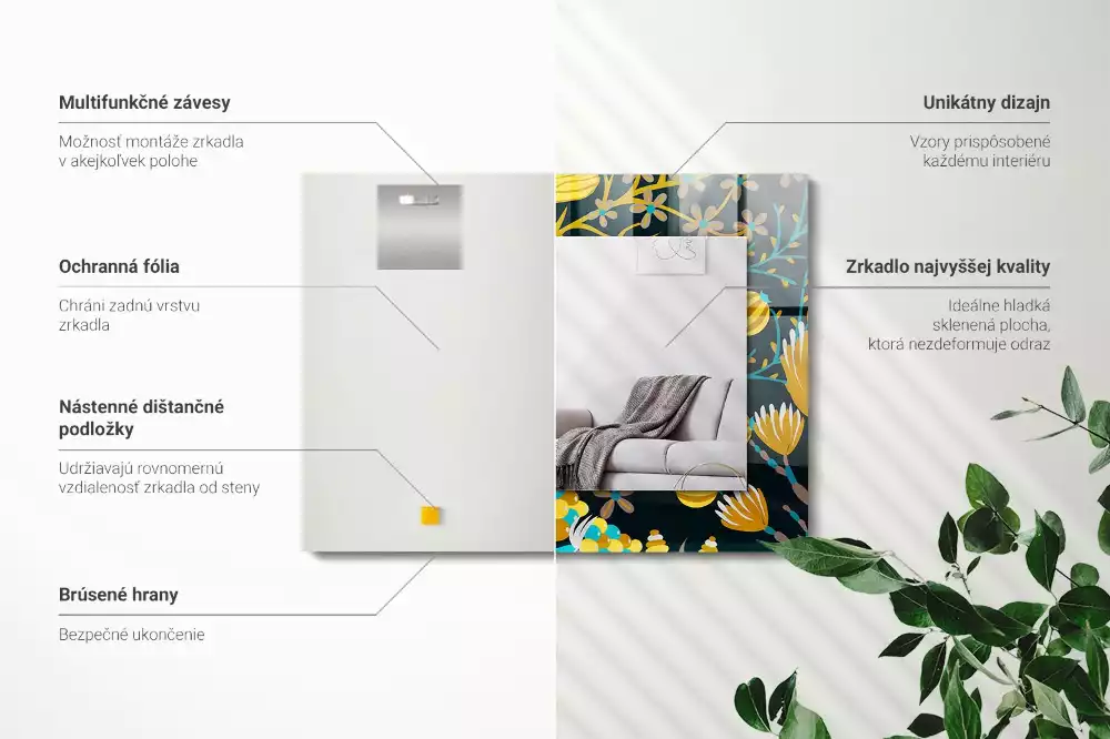 Miroir rectangulaire à cadre imprimé motifs fleurs et feuilles