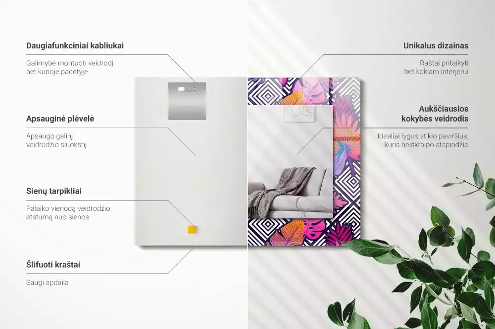 Miroir rectangulaire imprimé feuilles tropicales colorées