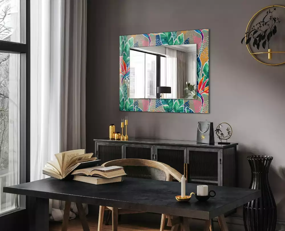 Miroir rectangulaire avec cadre imprimé fleurs et feuilles