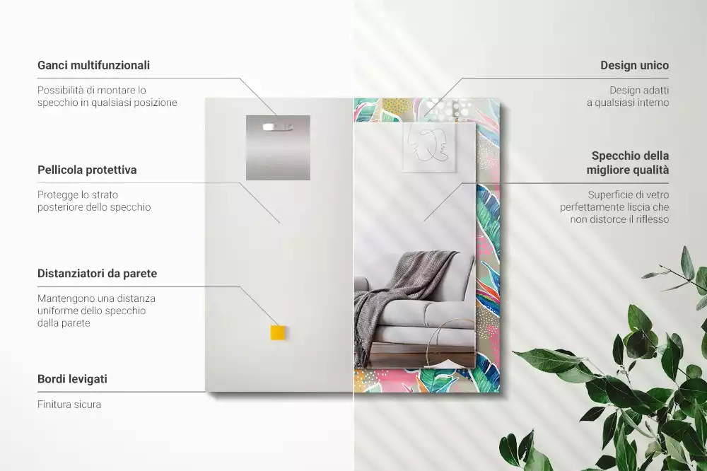 Miroir rectangulaire avec cadre imprimé fleurs et feuilles