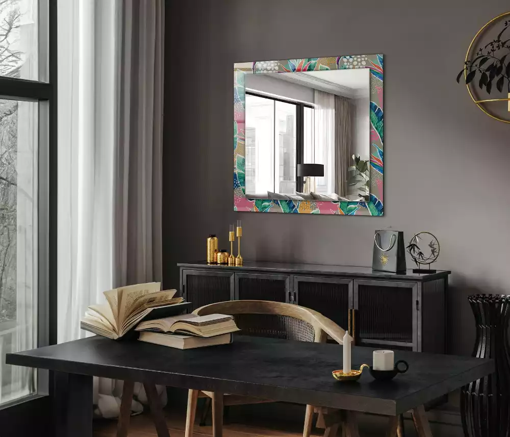 Miroir rectangulaire avec cadre imprimé fleurs et feuilles
