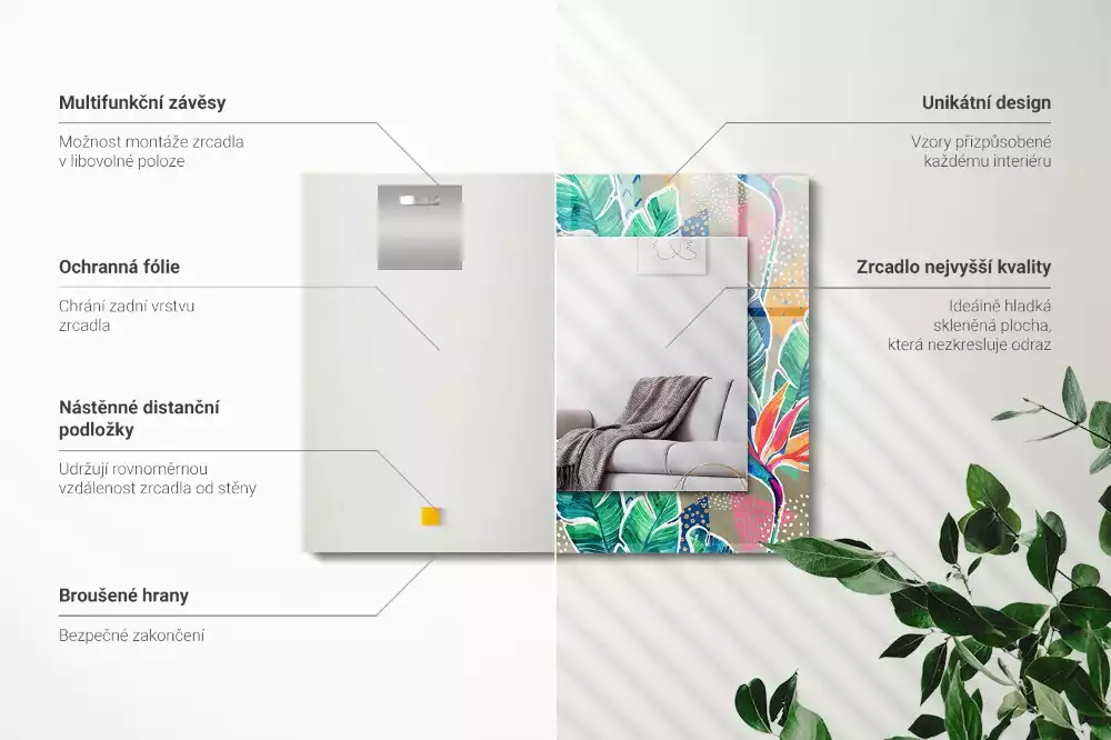 Miroir rectangulaire avec cadre imprimé fleurs et feuilles