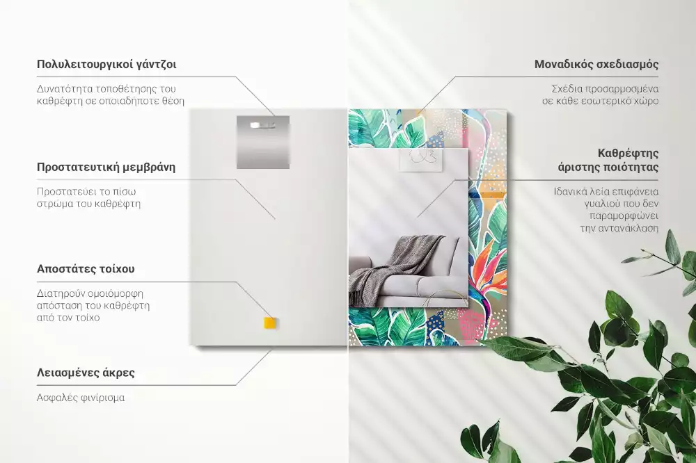 Miroir rectangulaire avec cadre imprimé fleurs et feuilles