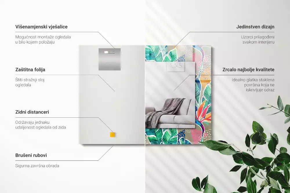 Miroir rectangulaire avec cadre imprimé fleurs et feuilles