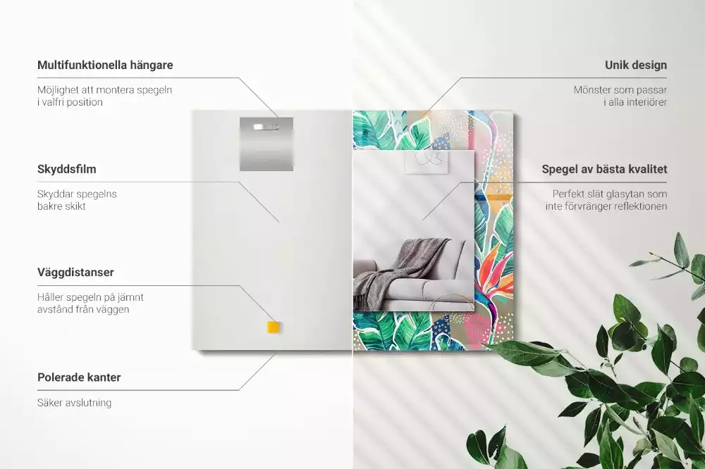 Miroir rectangulaire avec cadre imprimé fleurs et feuilles
