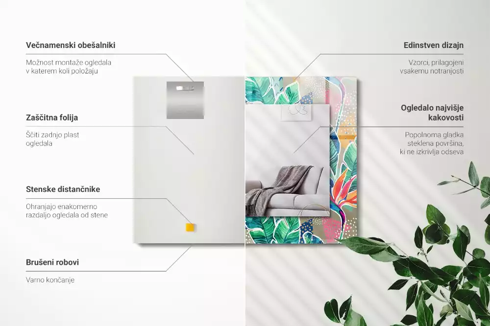 Miroir rectangulaire avec cadre imprimé fleurs et feuilles