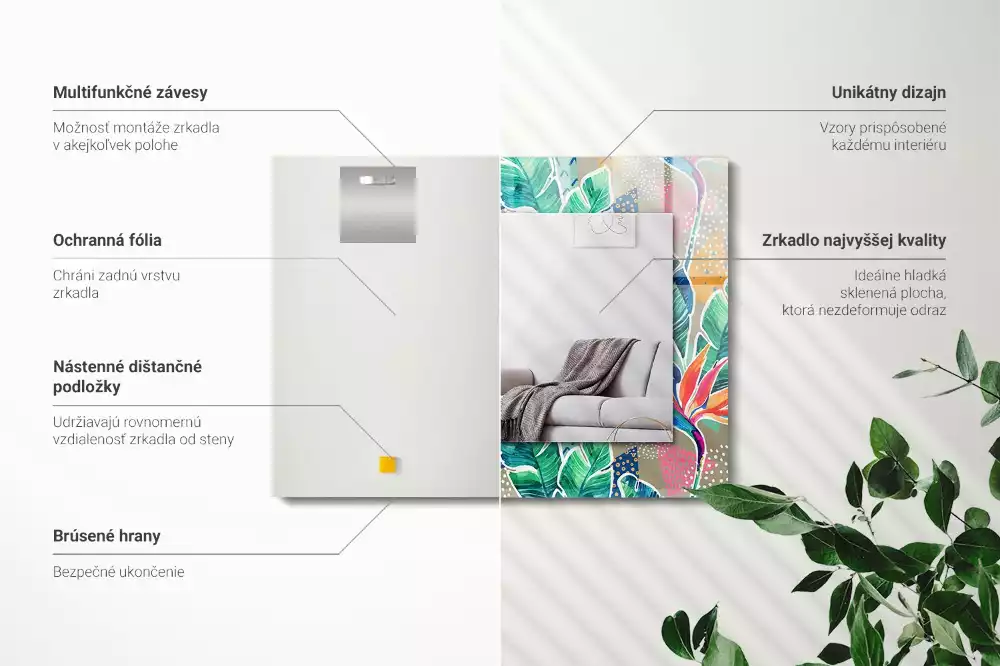 Miroir rectangulaire avec cadre imprimé fleurs et feuilles