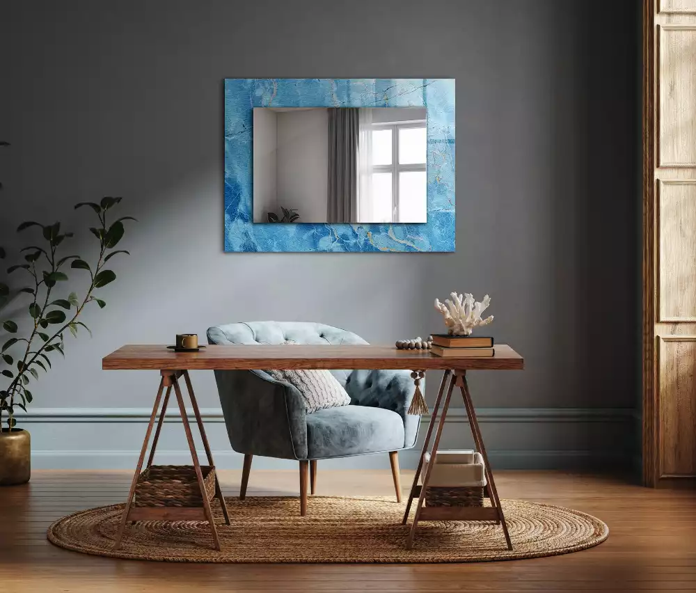 Miroir rectangulaire à cadre imprimé motif de marbre bleu clair