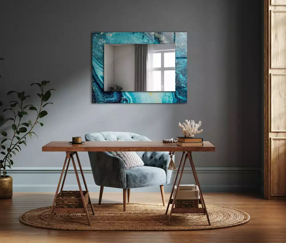 Miroir rectangulaire décoratif imprimé art abstrait bleu clair