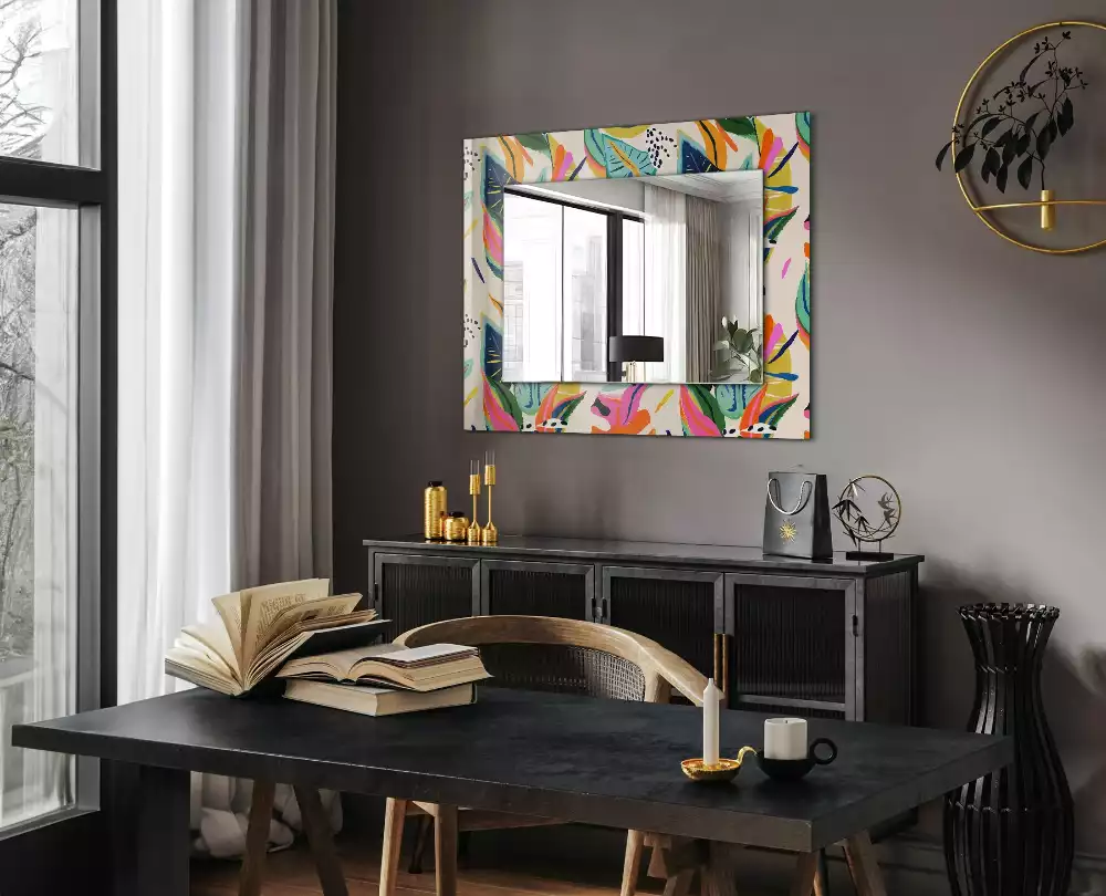 Miroir rectangulaire à cadre imprimé motif feuilles colorées