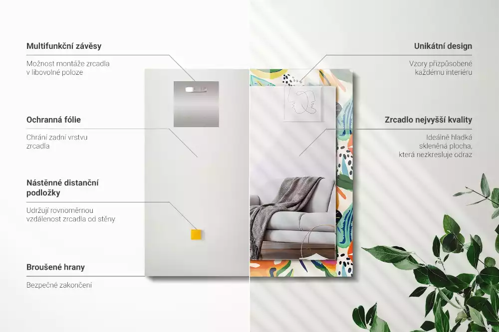 Miroir rectangulaire à cadre imprimé motif feuilles colorées