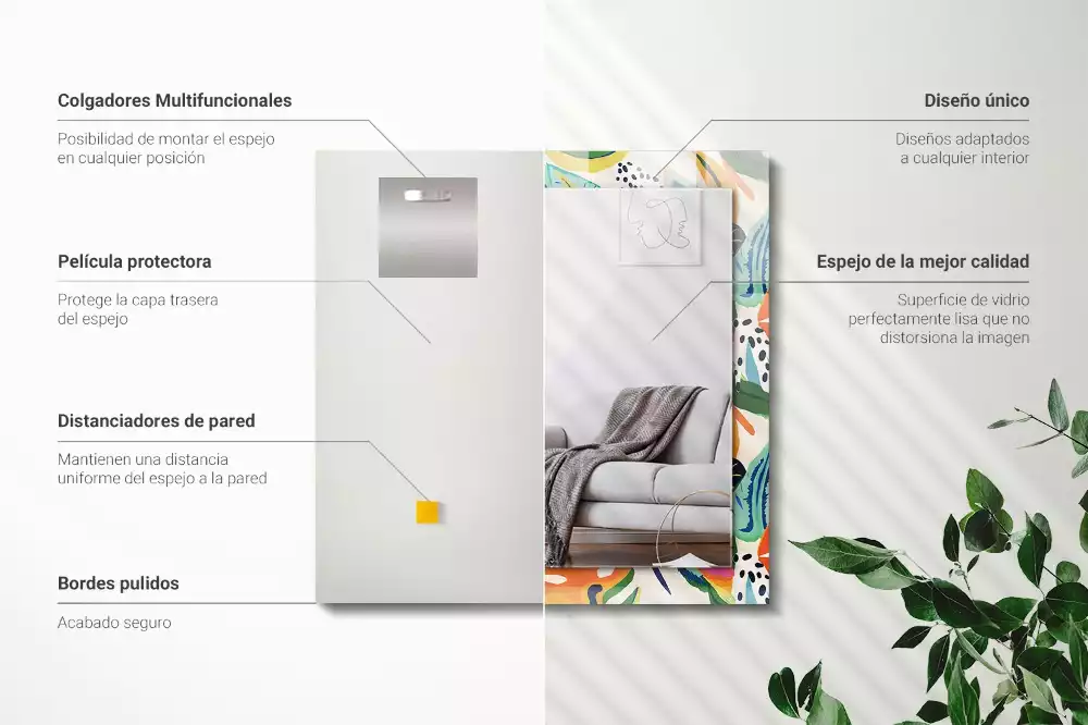 Miroir rectangulaire à cadre imprimé motif feuilles colorées