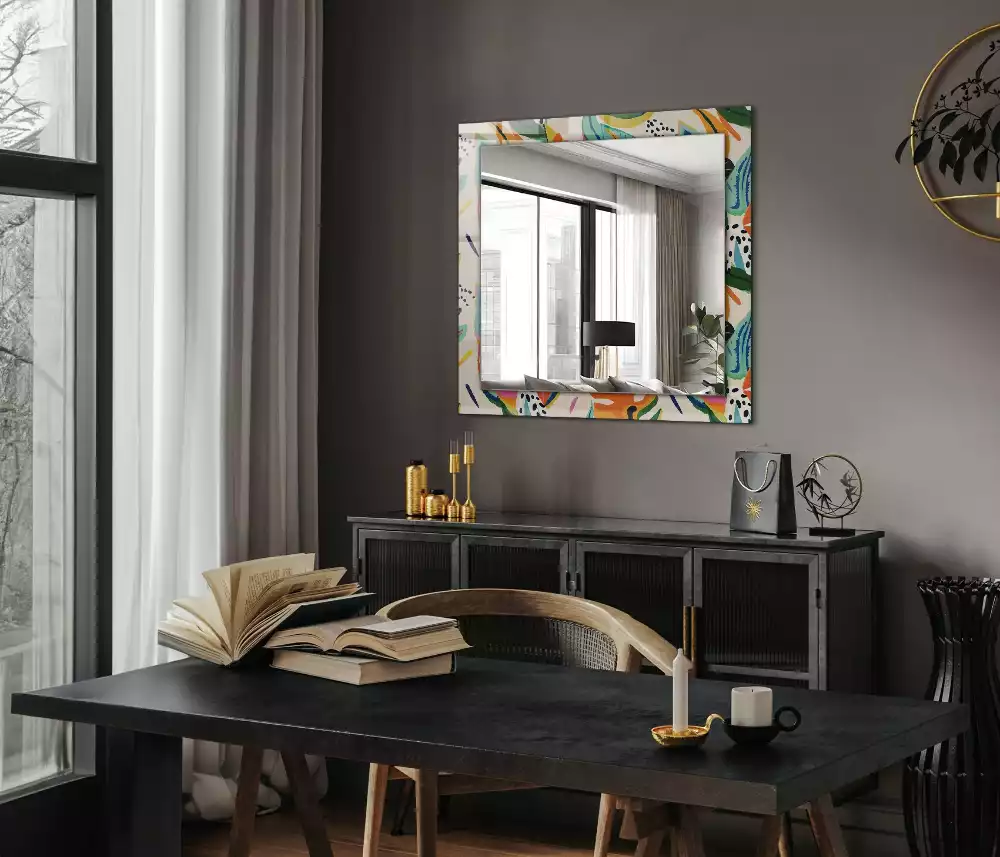 Miroir rectangulaire à cadre imprimé motif feuilles colorées