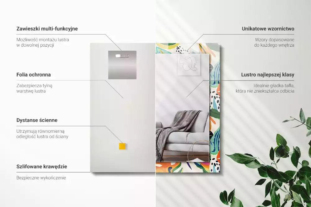 Miroir rectangulaire à cadre imprimé motif feuilles colorées