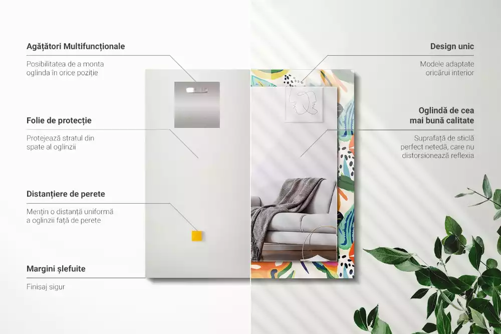 Miroir rectangulaire à cadre imprimé motif feuilles colorées