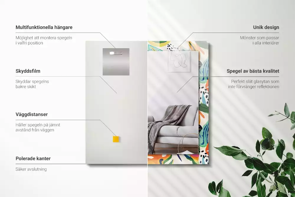 Miroir rectangulaire à cadre imprimé motif feuilles colorées