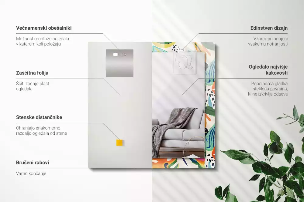 Miroir rectangulaire à cadre imprimé motif feuilles colorées