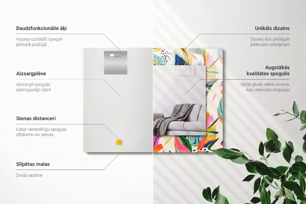 Miroir rectangulaire à cadre imprimé motif feuilles colorées