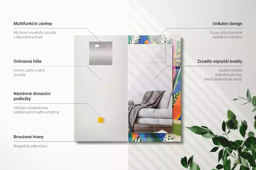 Miroir rectangulaire avec cadre imprimé fleurs abstraites colorées