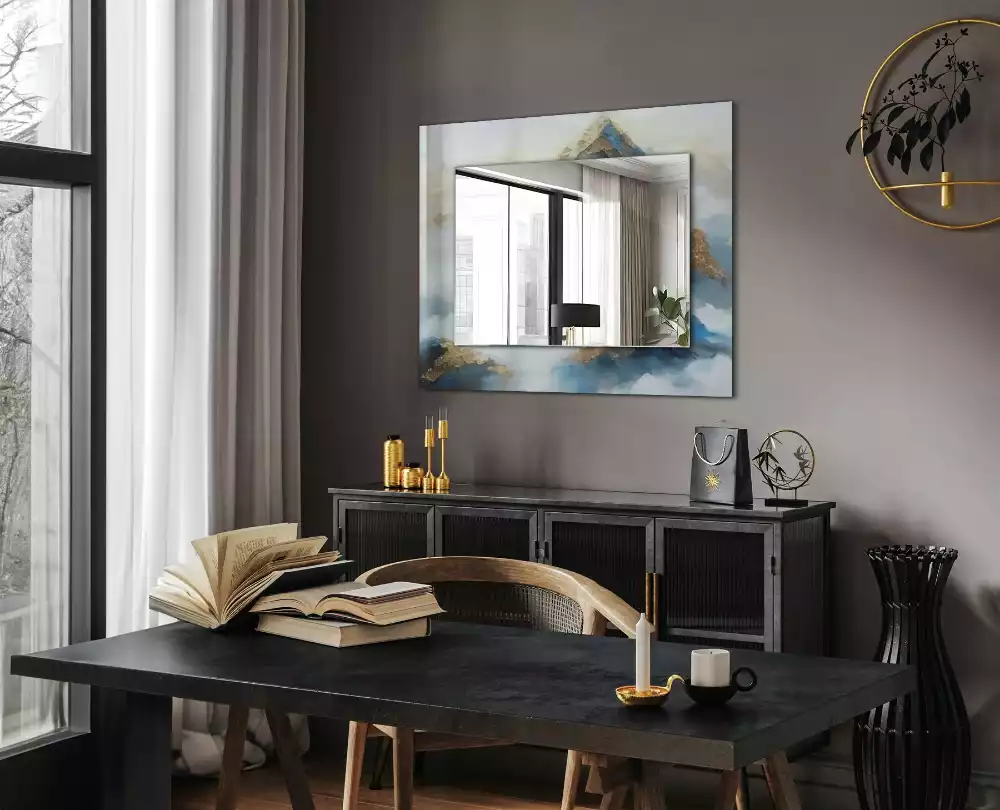 Miroir rectangulaire décoratif montagnes dans la brume