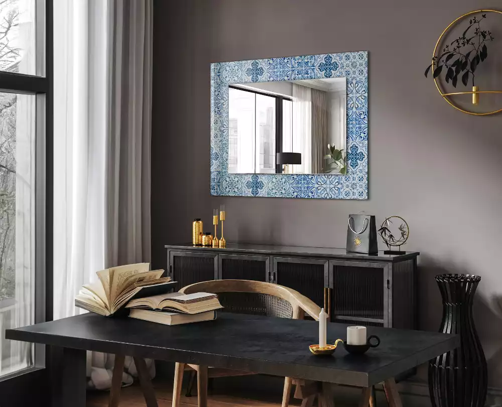 Miroir rectangulaire imprimé carreaux décoratifs bleu clair