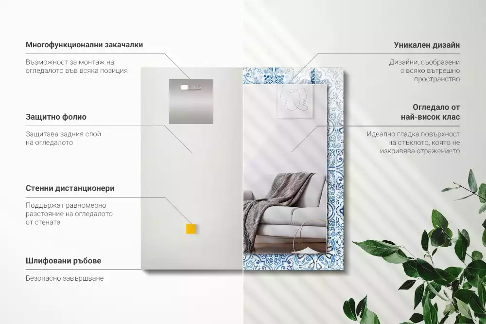 Miroir rectangulaire imprimé carreaux décoratifs bleu clair