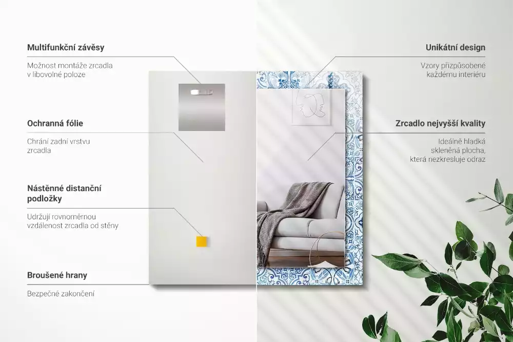 Miroir rectangulaire imprimé carreaux décoratifs bleu clair