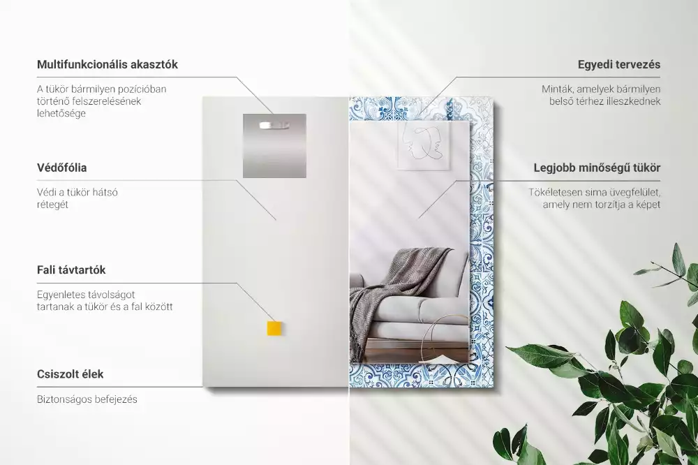 Miroir rectangulaire imprimé carreaux décoratifs bleu clair