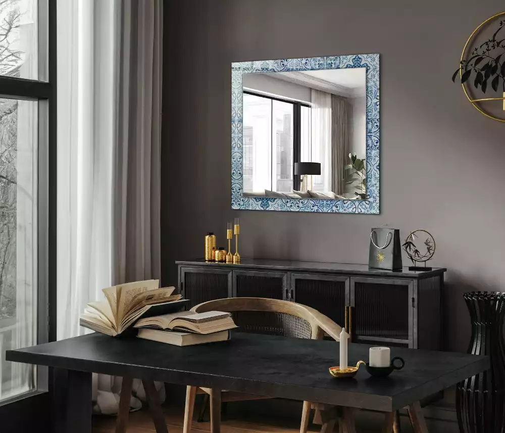 Miroir rectangulaire imprimé carreaux décoratifs bleu clair