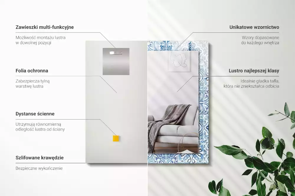 Miroir rectangulaire imprimé carreaux décoratifs bleu clair