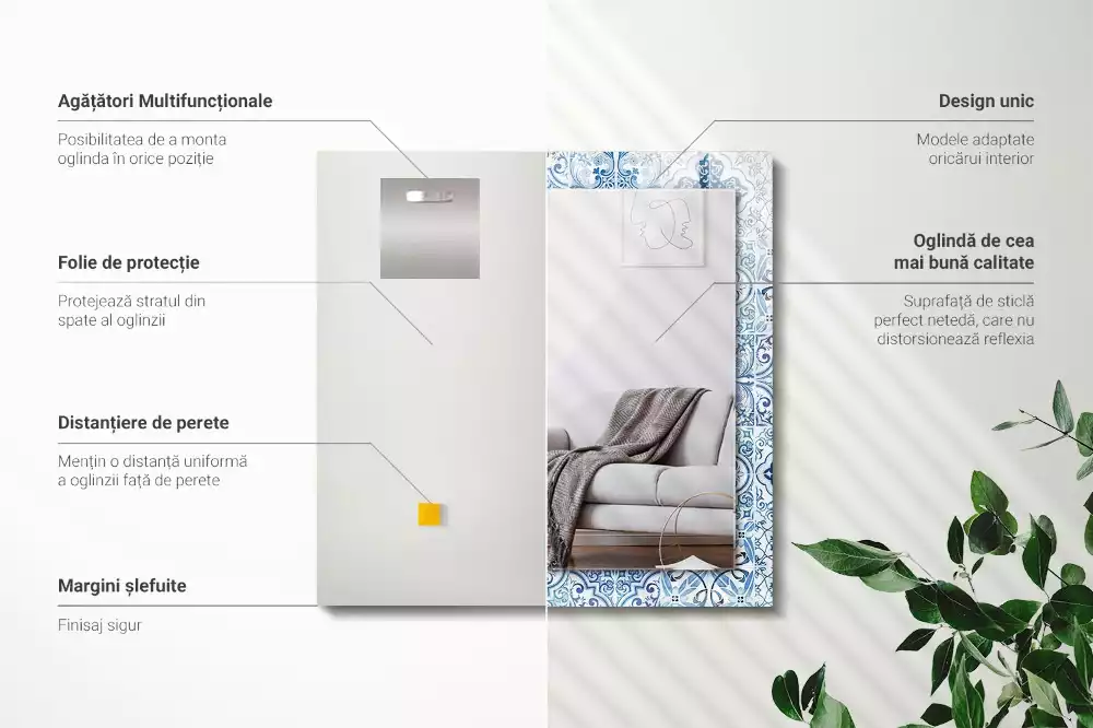 Miroir rectangulaire imprimé carreaux décoratifs bleu clair