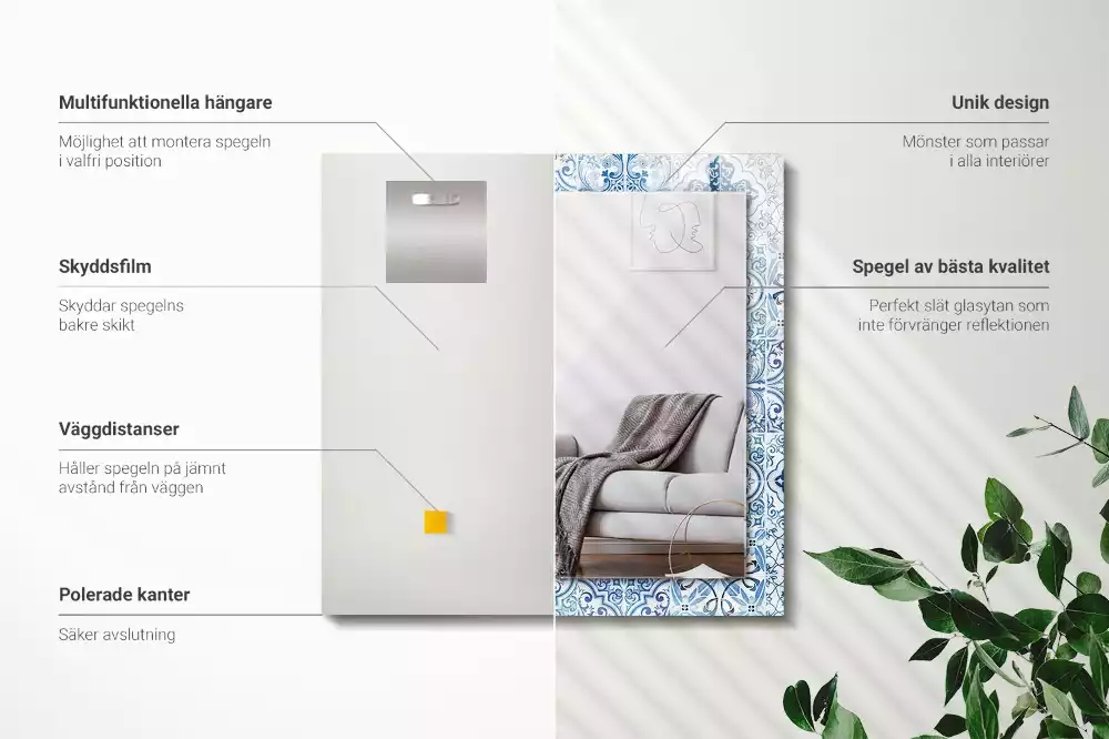 Miroir rectangulaire imprimé carreaux décoratifs bleu clair