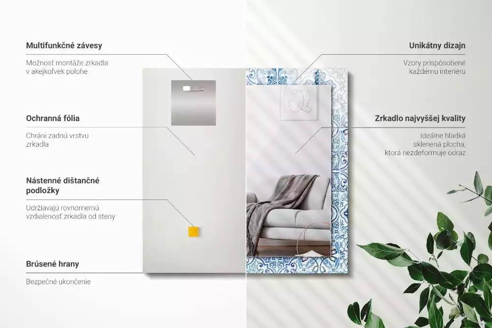 Miroir rectangulaire imprimé carreaux décoratifs bleu clair