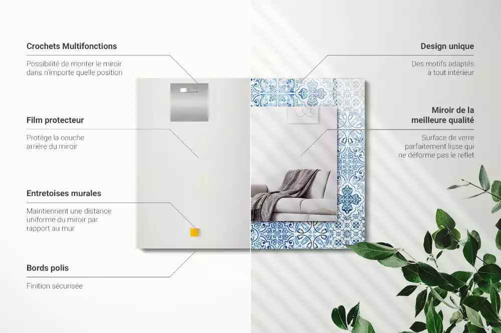 Miroir rectangulaire imprimé carreaux décoratifs bleu clair