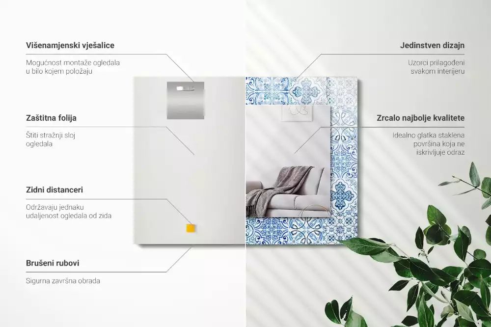 Miroir rectangulaire imprimé carreaux décoratifs bleu clair