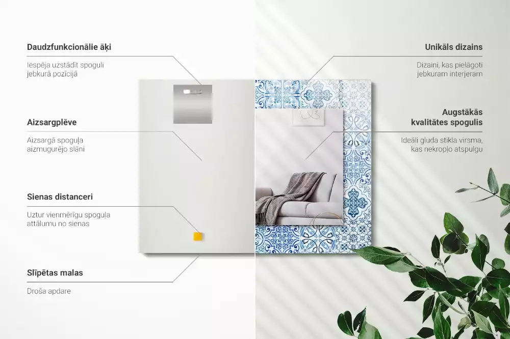 Miroir rectangulaire imprimé carreaux décoratifs bleu clair