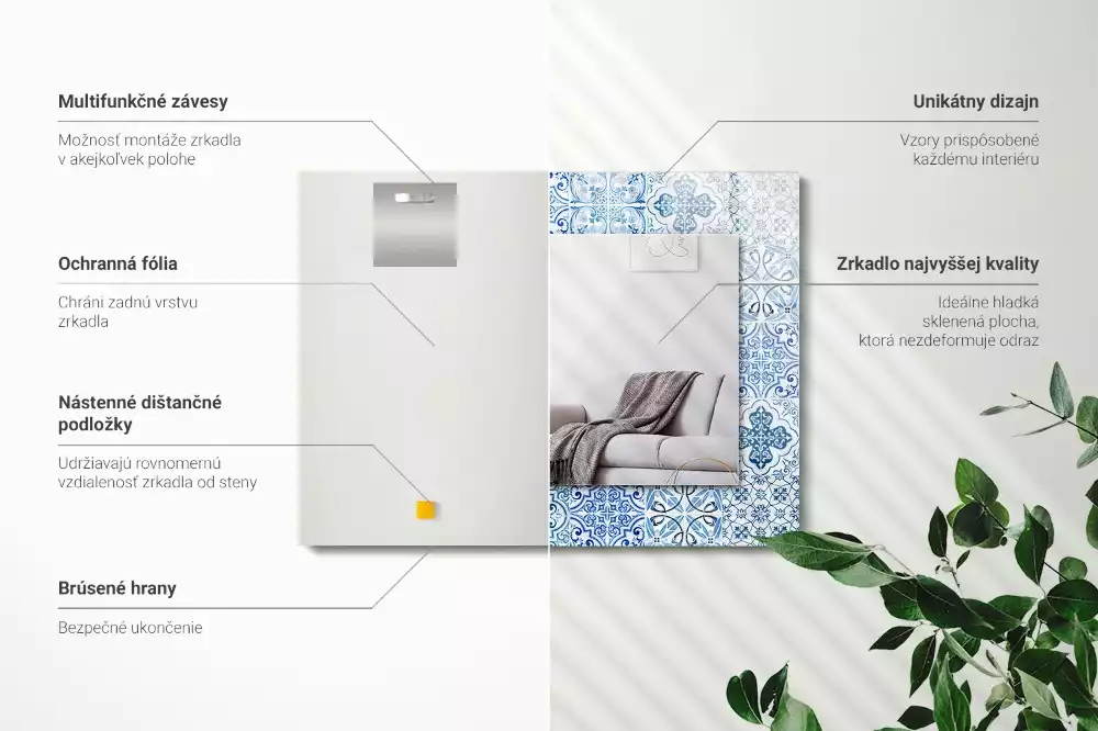 Miroir rectangulaire imprimé carreaux décoratifs bleu clair