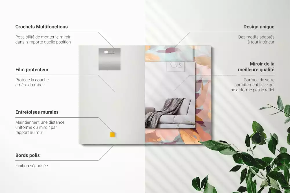 Miroir rectangulaire décoratif imprimé fleurs et feuilles pastel
