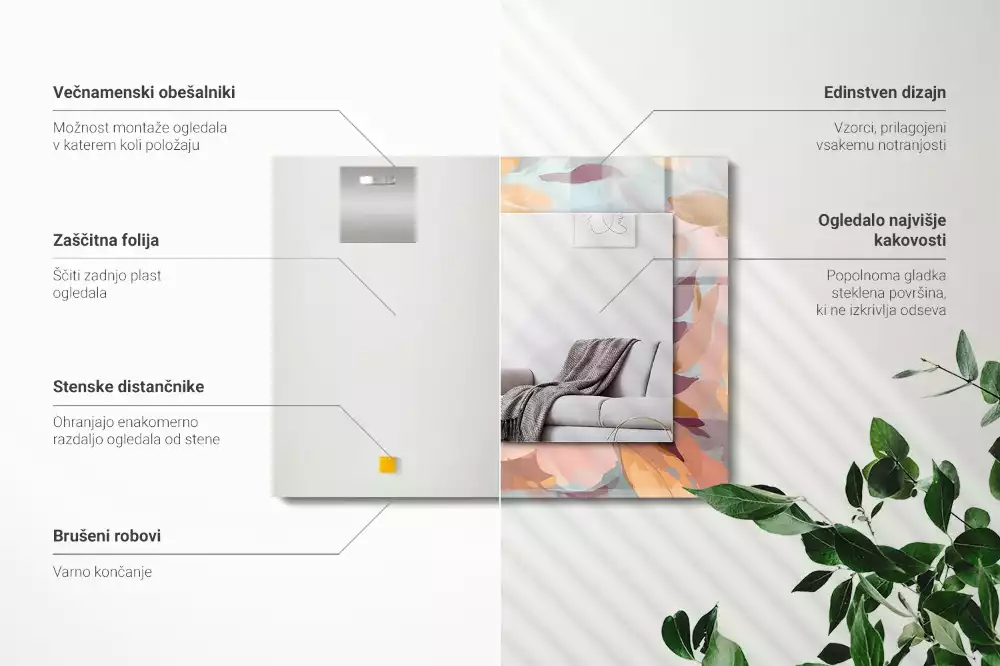Miroir rectangulaire décoratif imprimé fleurs et feuilles pastel