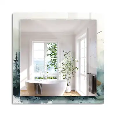 Miroir rectangulaire avec cadre imprimé forêt dans la brume