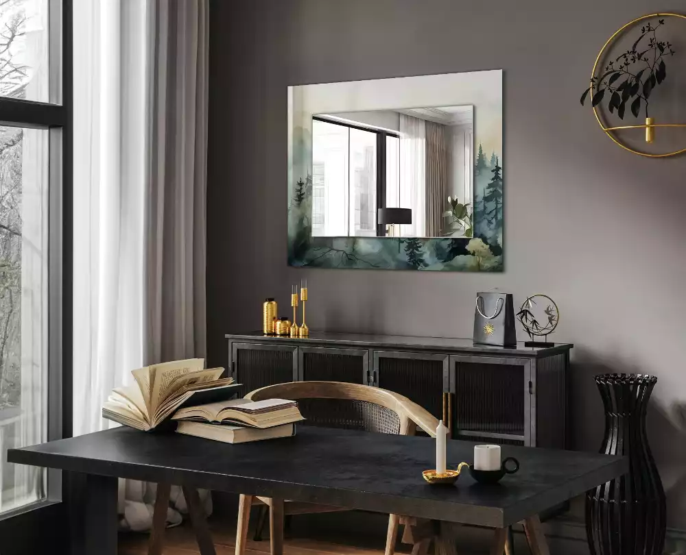 Miroir rectangulaire avec cadre imprimé forêt dans la brume